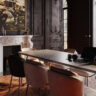 Bureau élégant, cheminée, décoration classique, intérieur luxueux.