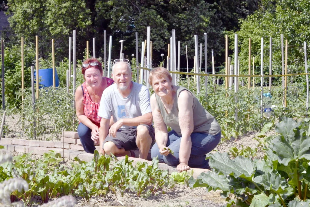 Trois jardiniers souriants dans un potager ensoleillé.
