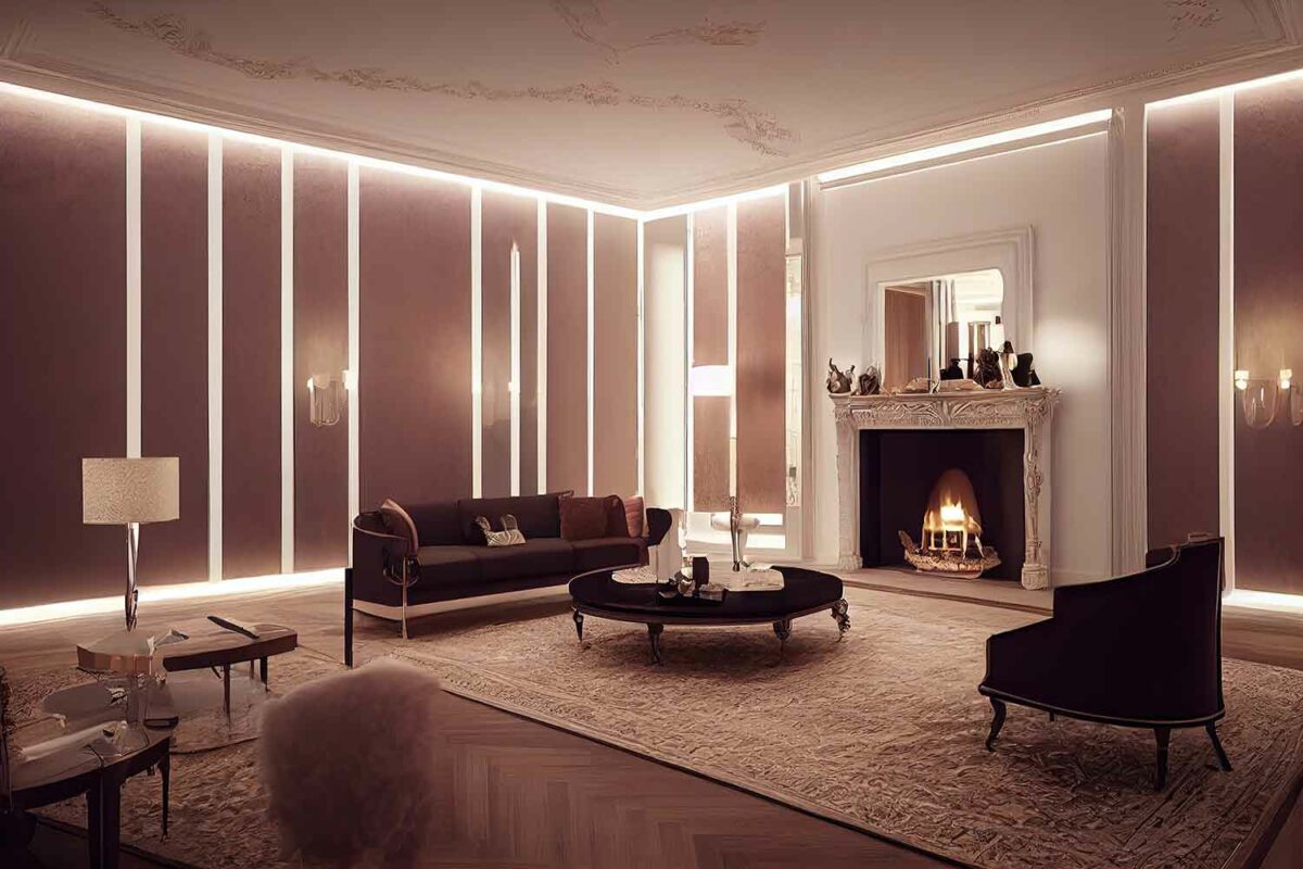 Salon élégant avec cheminée et éclairage moderne.